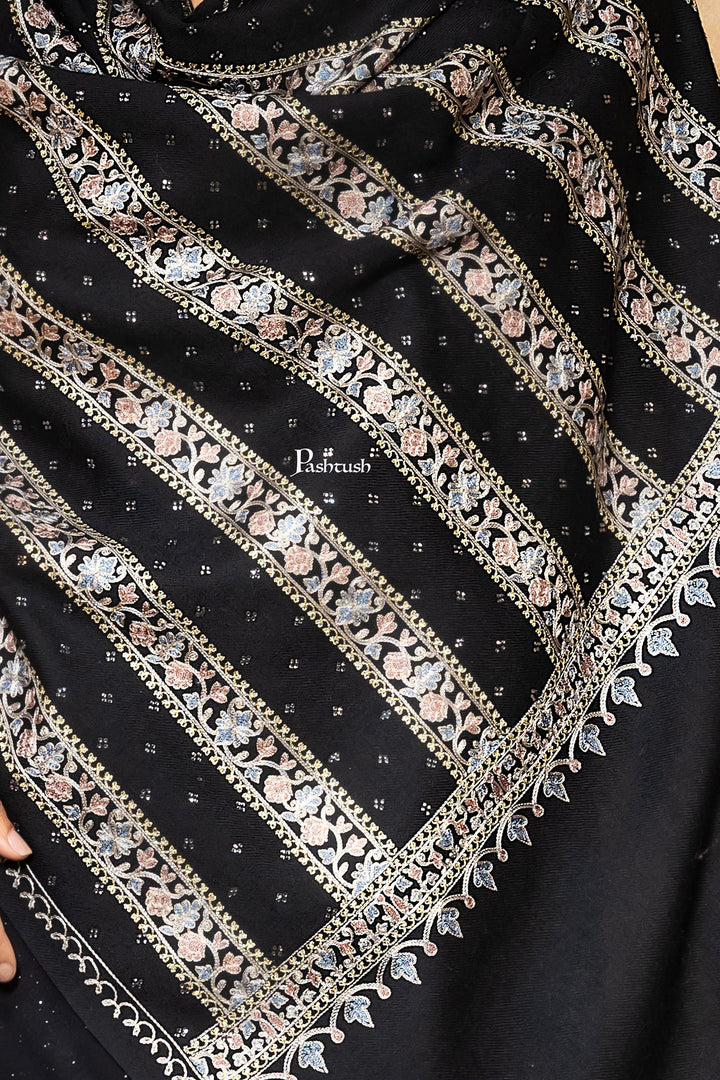 Pashtush India Womens Shawls Pashtush Womens Stole, Twilight Collection, Wool Silk Nalki Embroidery, Black
