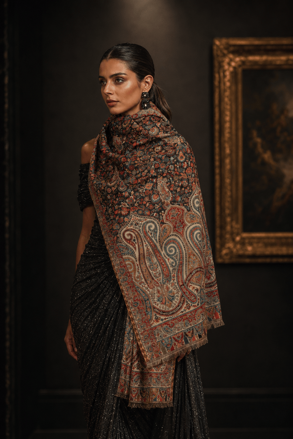 Pashtush India Womens Stoles Pashtush Womens Stole, Woven Ethnic Weave Design, Black