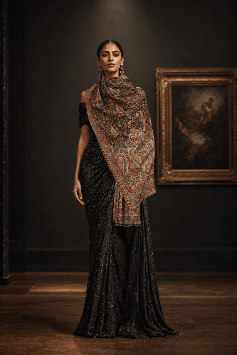 Pashtush India Womens Stoles Pashtush Womens Stole, Woven Ethnic Weave Design, Black