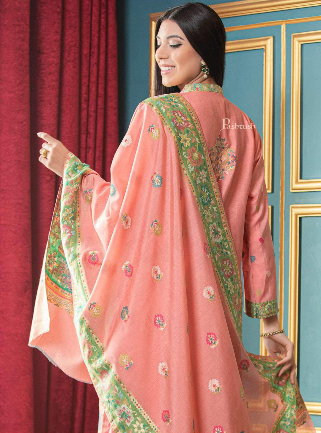Pashtush India suit Pashtush Womens Suit, Ethnic Weave Cotton-Silk Unstitched, Peach Salmon