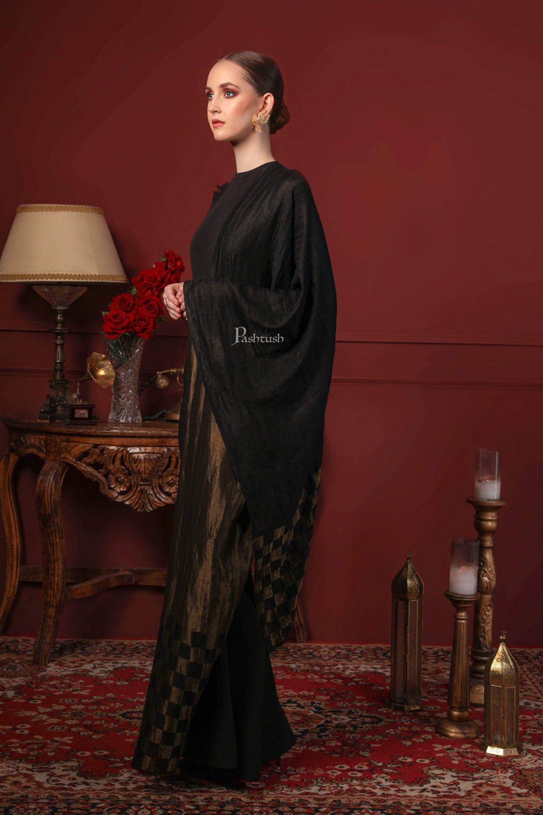 Pashtush India 70x200 Pashtush Womens Twilight Checkered Scarf, With Shimmery Zari  thread Weave, Black and Gold