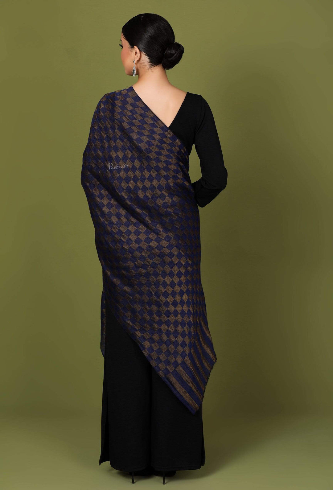 Pashtush Shawl Store Stole Pashtush Womens Twilight Checkered Scarf, With Shimmery Zari  thread Weave, Blue and Golden