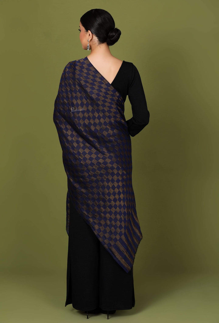 Pashtush Shawl Store Stole Pashtush Womens Twilight Checkered Scarf, With Shimmery Zari  thread Weave, Blue and Golden