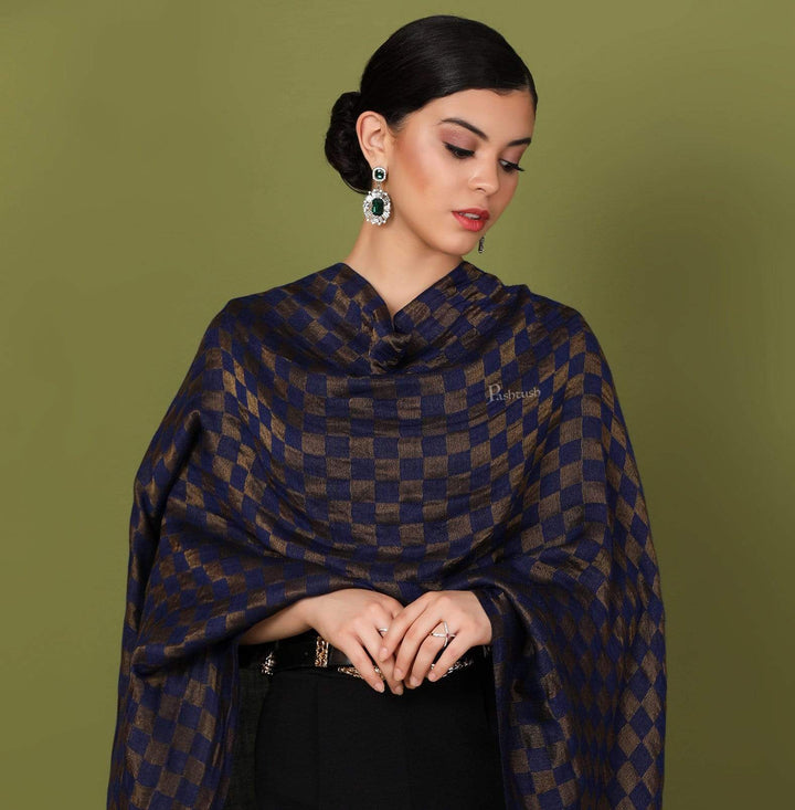 Pashtush Shawl Store Stole Pashtush Womens Twilight Checkered Scarf, With Shimmery Zari  thread Weave, Blue and Golden