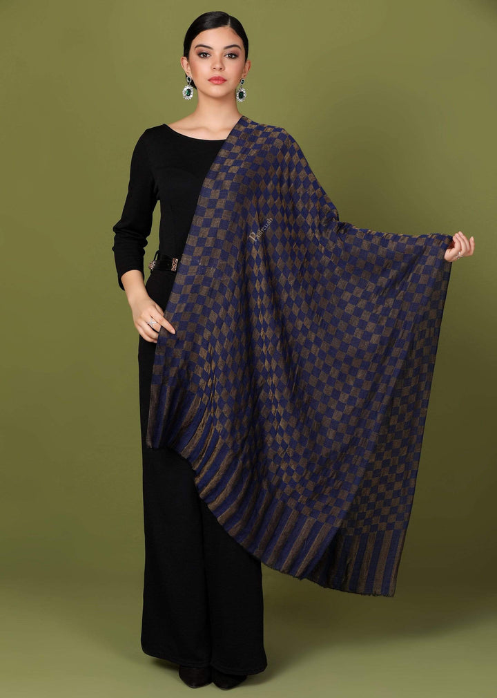 Pashtush Shawl Store Stole Pashtush Womens Twilight Checkered Scarf, With Shimmery Zari  thread Weave, Blue and Golden