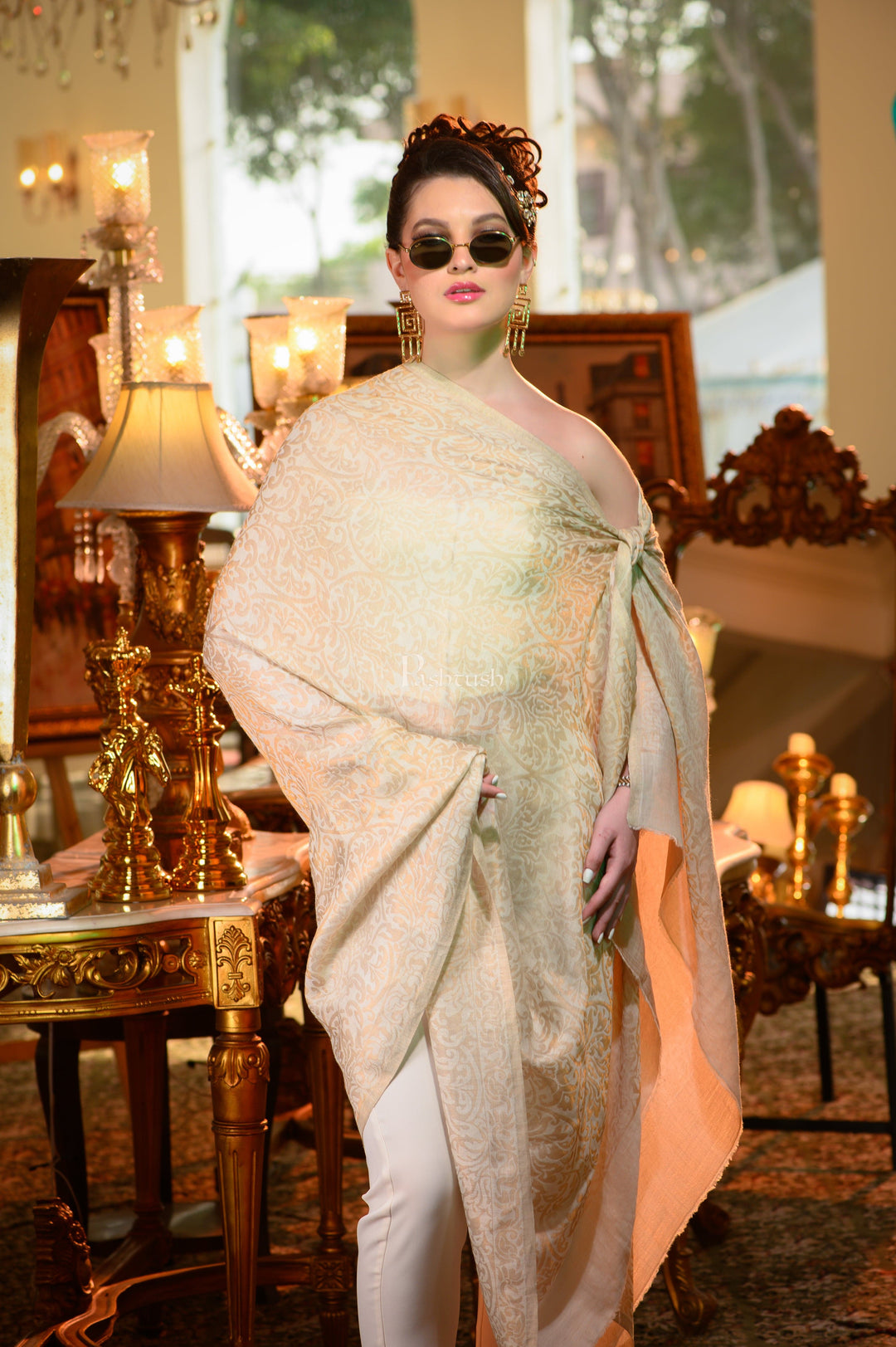 Pashtush India Womens Shawls Pashtush Womens Twilight Collection, Extra Fine Wool, Ivory