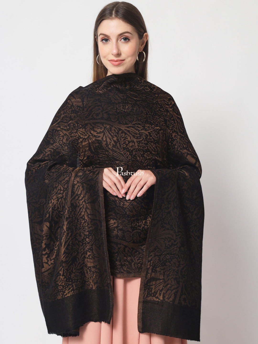 Pashtush India Womens Shawls Pashtush Womens Twilight Collection, Jacquard shawl, With Metallic Thread Weave, Fine Wool, Black