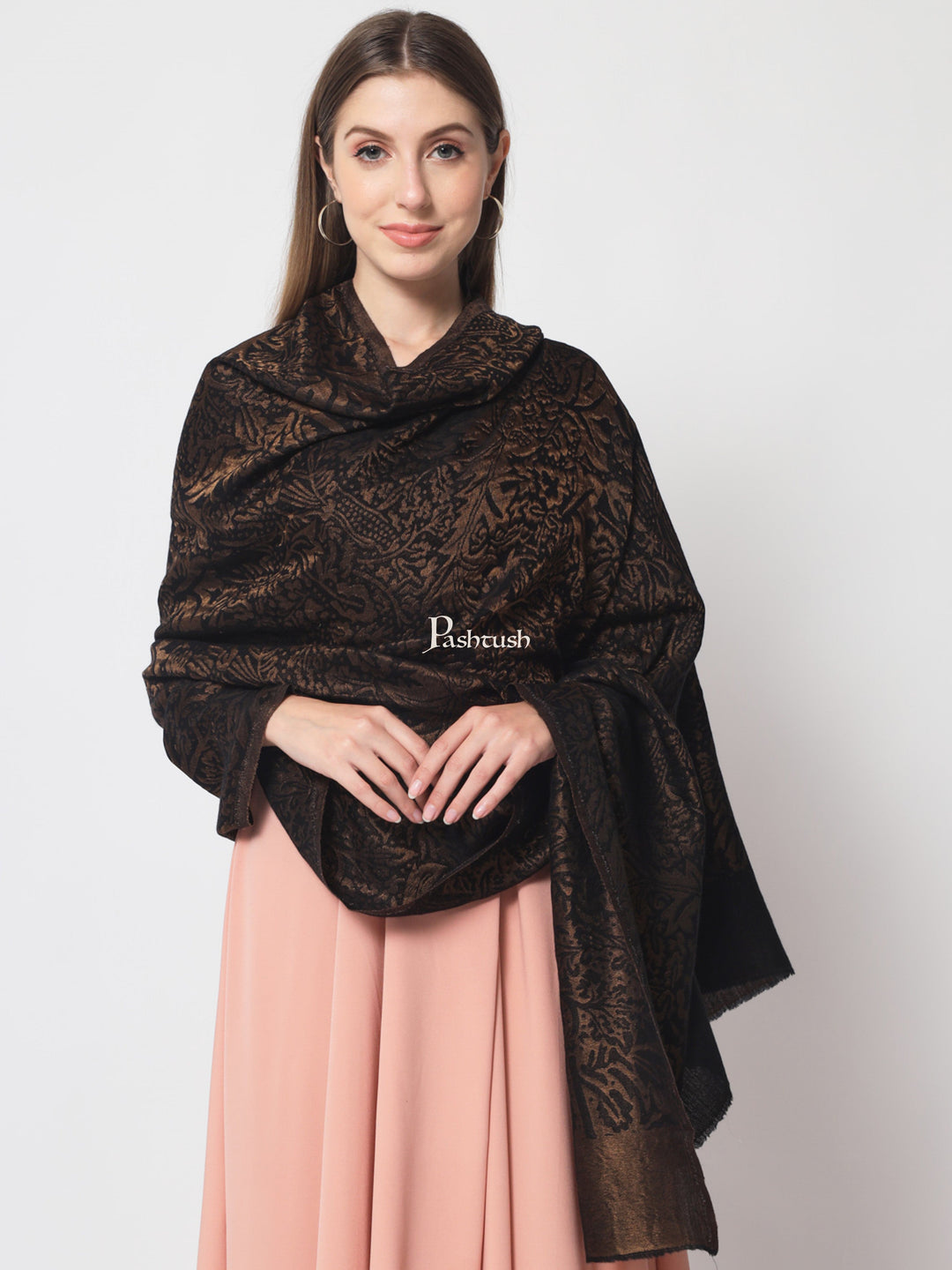 Pashtush India Womens Shawls Pashtush Womens Twilight Collection, Jacquard shawl, With Metallic Thread Weave, Fine Wool, Black