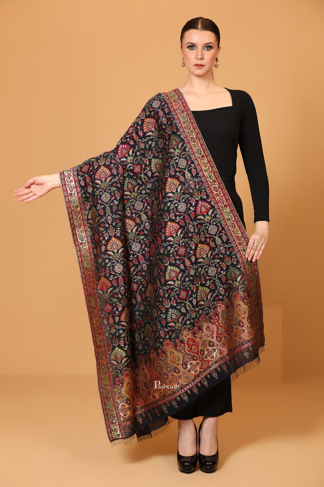 Pashtush India Mens Dupatta Pashtush Womens Twilight Collection Silky Dupatta, With Metallic Weave, Extra Fine Silky, Black