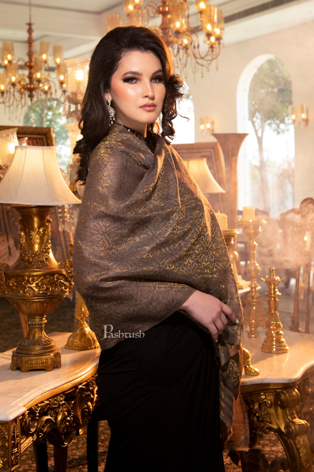 Pashtush India Womens Stoles and Scarves Scarf Pashtush Womens Twilight Scarf, Reversible Scarf, Cashmere Blended Soft Wool, Taupe