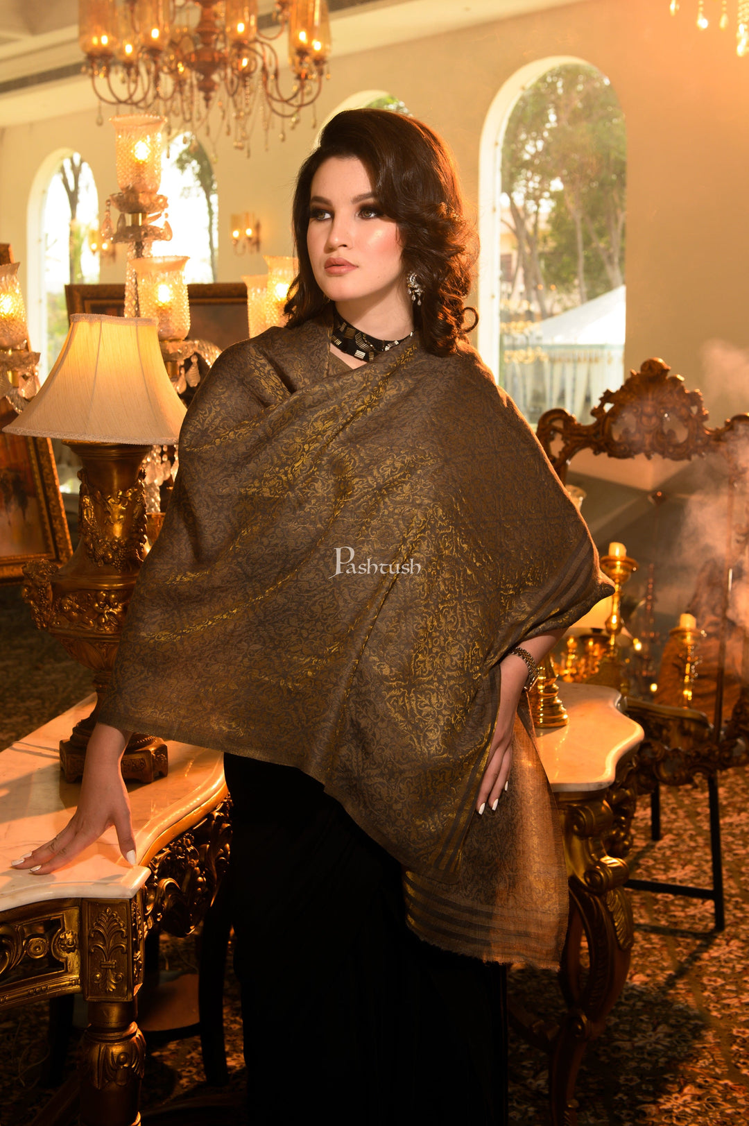 Pashtush India Womens Stoles and Scarves Scarf Pashtush Womens Twilight Scarf, Reversible Scarf, Cashmere Blended Soft Wool, Taupe