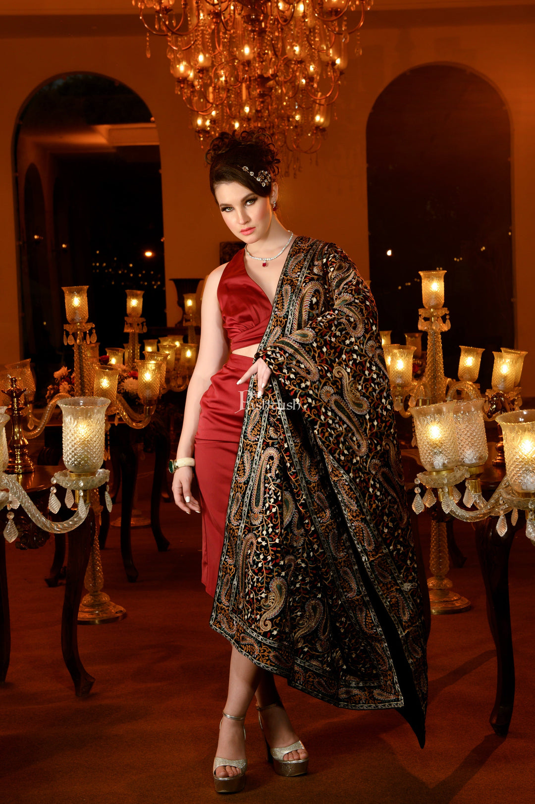 Pashtush India Womens Dupatta Pashtush Womens Velvet Dupatta, Bridal Collection, With Silky Embroidery