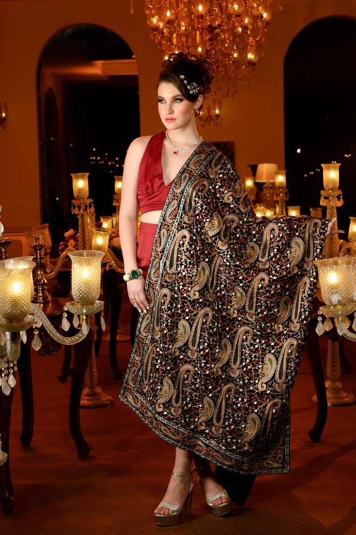 Pashtush India Womens Dupatta Pashtush Womens Velvet Dupatta, Bridal Collection, With Silky Embroidery