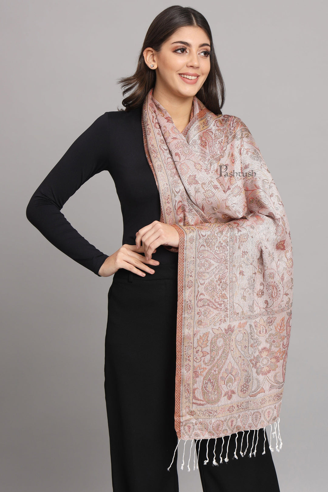 Pashtush India Womens Stoles and Scarves Scarf Pashtush Womens Velvet Stole, Pasiley Design, Emily Ivory