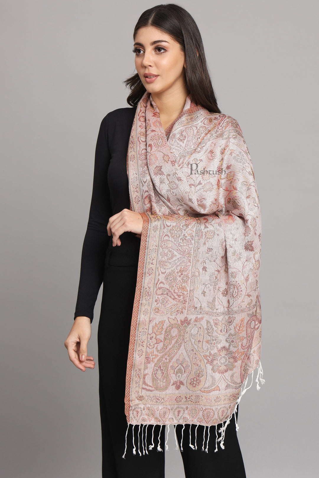 Pashtush India Womens Stoles and Scarves Scarf Pashtush Womens Velvet Stole, Pasiley Design, Emily Ivory