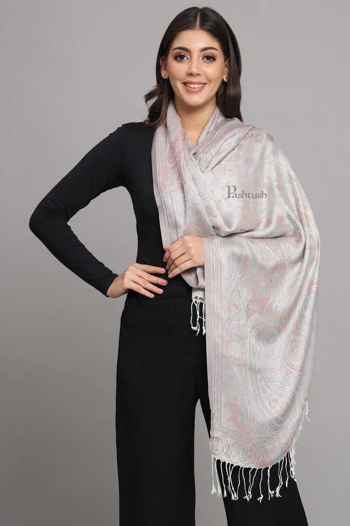 Pashtush India Womens Stoles and Scarves Scarf Pashtush Womens Viscose Stole, Pasiley Design, Emily Ivory