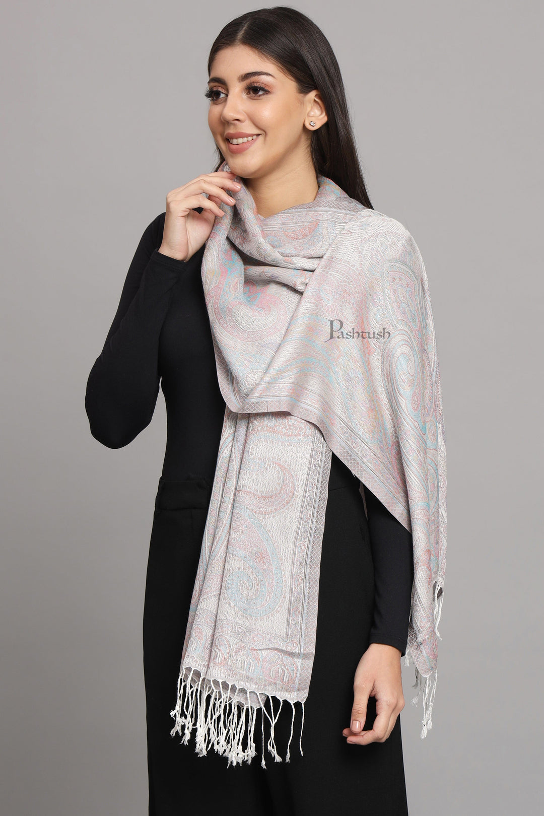 Pashtush India Womens Stoles and Scarves Scarf Pashtush Womens Viscose Stole, Pasiley Design, Emily Ivory