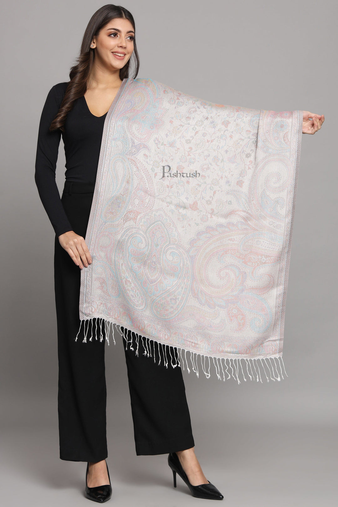 Pashtush India Womens Stoles and Scarves Scarf Pashtush Womens Viscose Stole, Pasiley Design, Emily Ivory