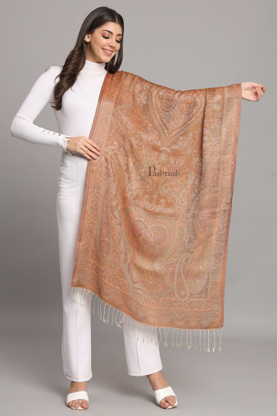 Pashtush India Womens Stoles and Scarves Scarf Pashtush Womens Viscose Stole, Pasiley Design, Emily Ivory