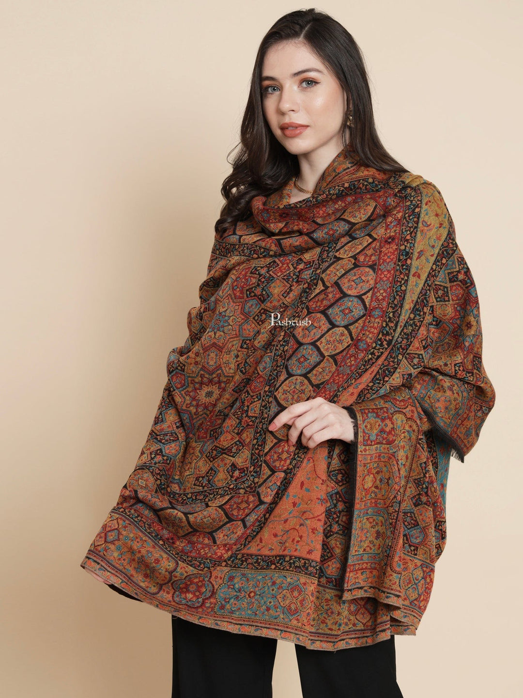 Pashtush India Womens Shawls Pashtush Womens Womens, 100% Pure Wool With Woolmark Certificate, Aztec Rich Garden Aesthetic Woven, Black