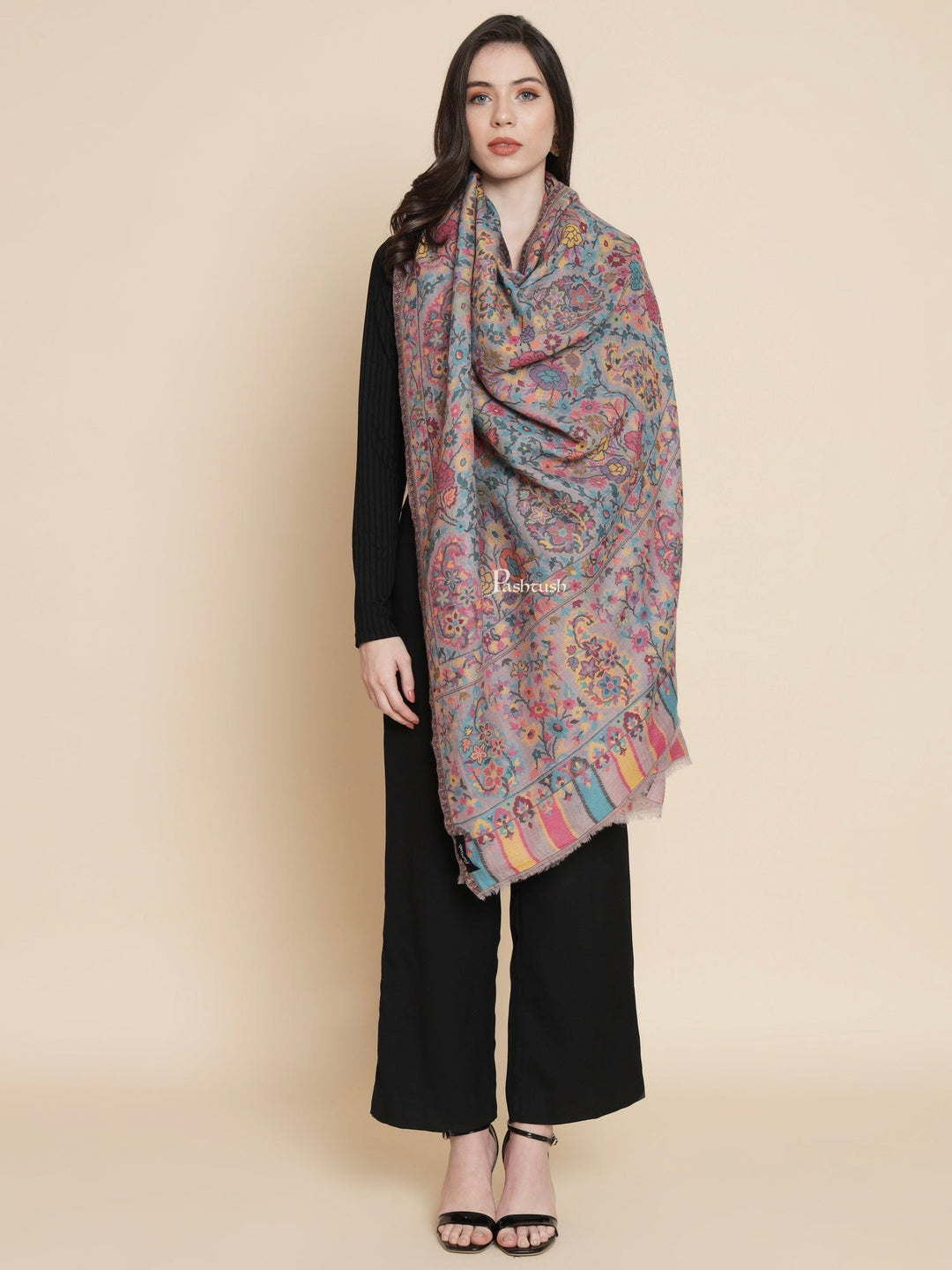 Pashtush India Womens Shawls Pashtush Womens Womens, 100% Pure Wool With Woolmark Certificate, Paisley Ethnic Woven, Multicolour