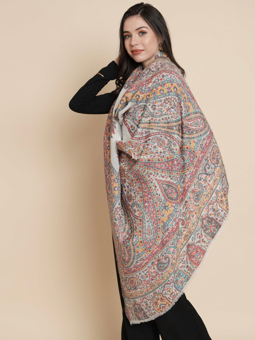 Pashtush India Womens Shawls Pashtush Womens Womens, 100% Pure Wool With Woolmark Certificate, Paisley Heritage Antique Woven, Ivory