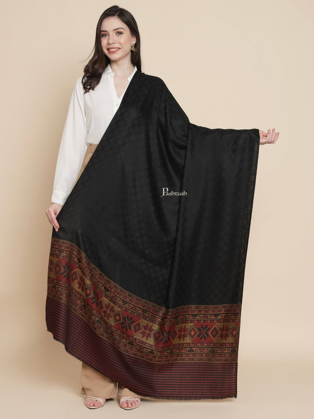 Pashtush India Womens Shawls Pashtush Womens Womens, Extra Fine Wool, Aztec Striped Palla Woven, Black