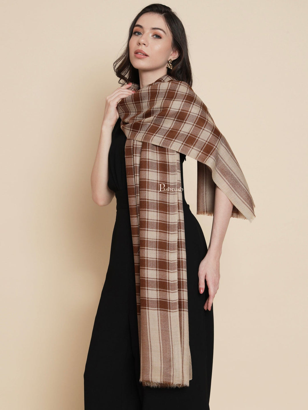 Pashtush India Womens Shawls Pashtush Womens Womens, Extra Fine Wool, Checkered Bold Woven, Coffee