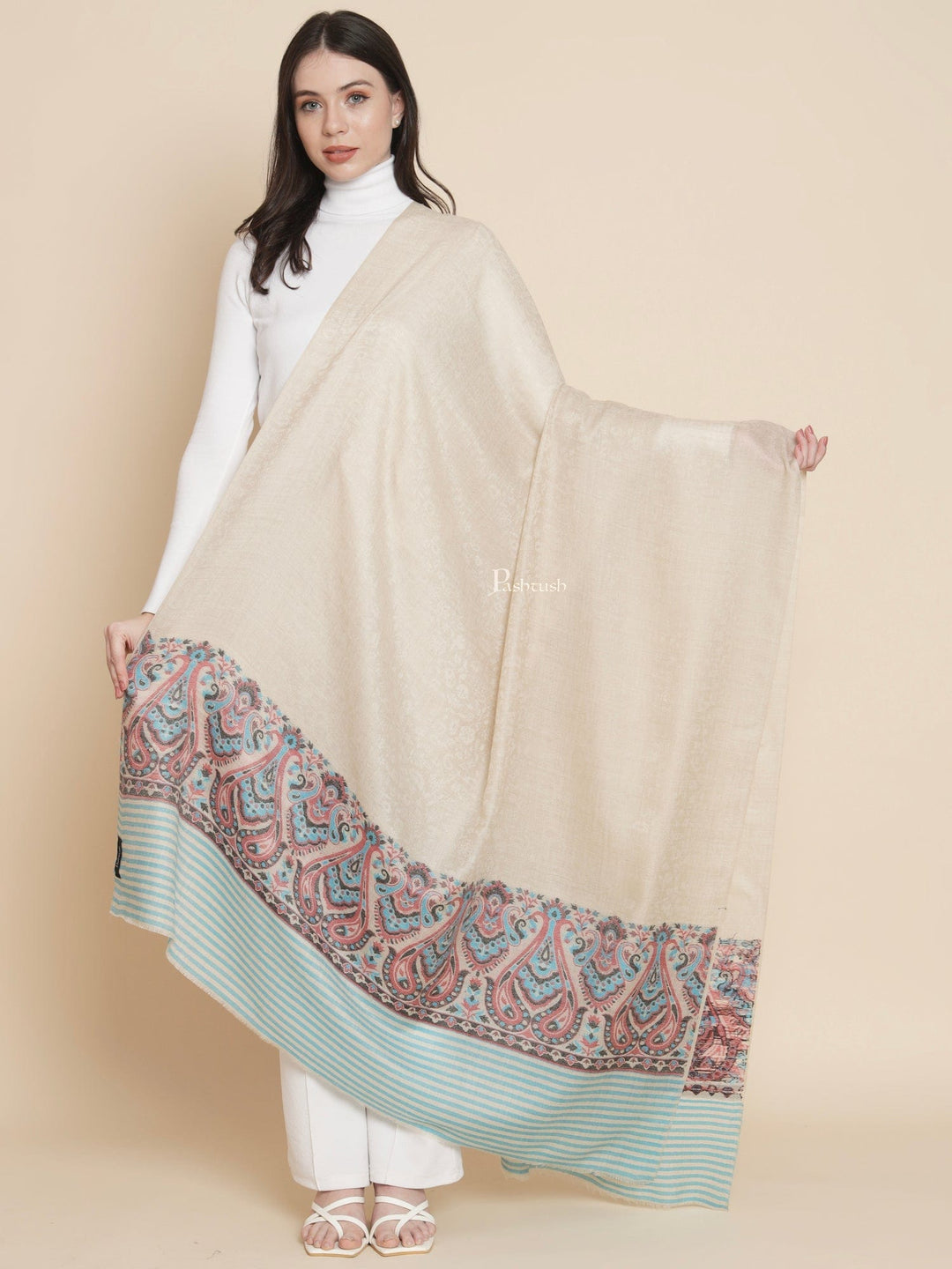 Pashtush India Womens Shawls Pashtush Womens Womens, Extra Fine Wool, Ethnic Motif Palla Woven, Beige