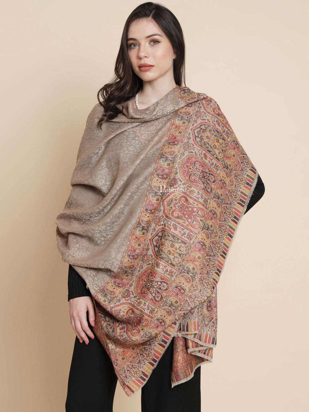 Pashtush India Womens Shawls Pashtush Womens Womens, Extra Fine Wool, Paisley Palla Woven, Taupe