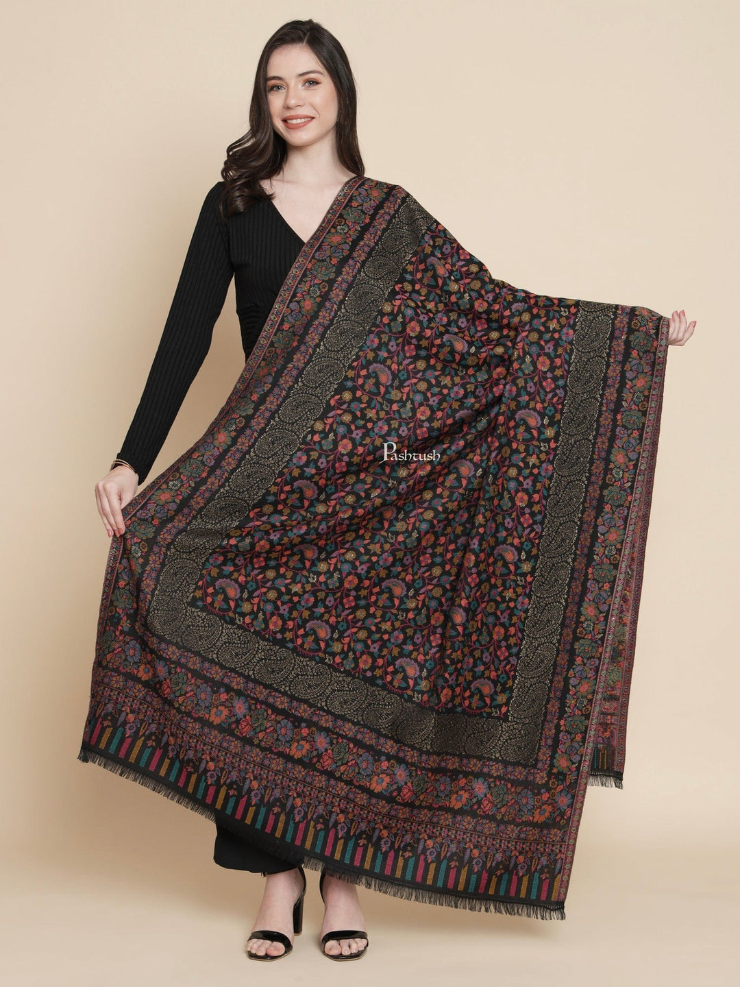 Pashtush India Womens Shawls Pashtush Womens Womens, Faux Pashmina, Paisley Metallic Zari Border Woven, Black