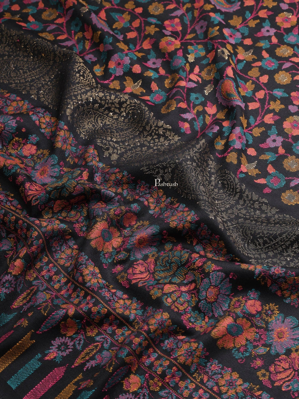 Pashtush India Womens Shawls Pashtush Womens Womens, Faux Pashmina, Paisley Metallic Zari Border Woven, Black