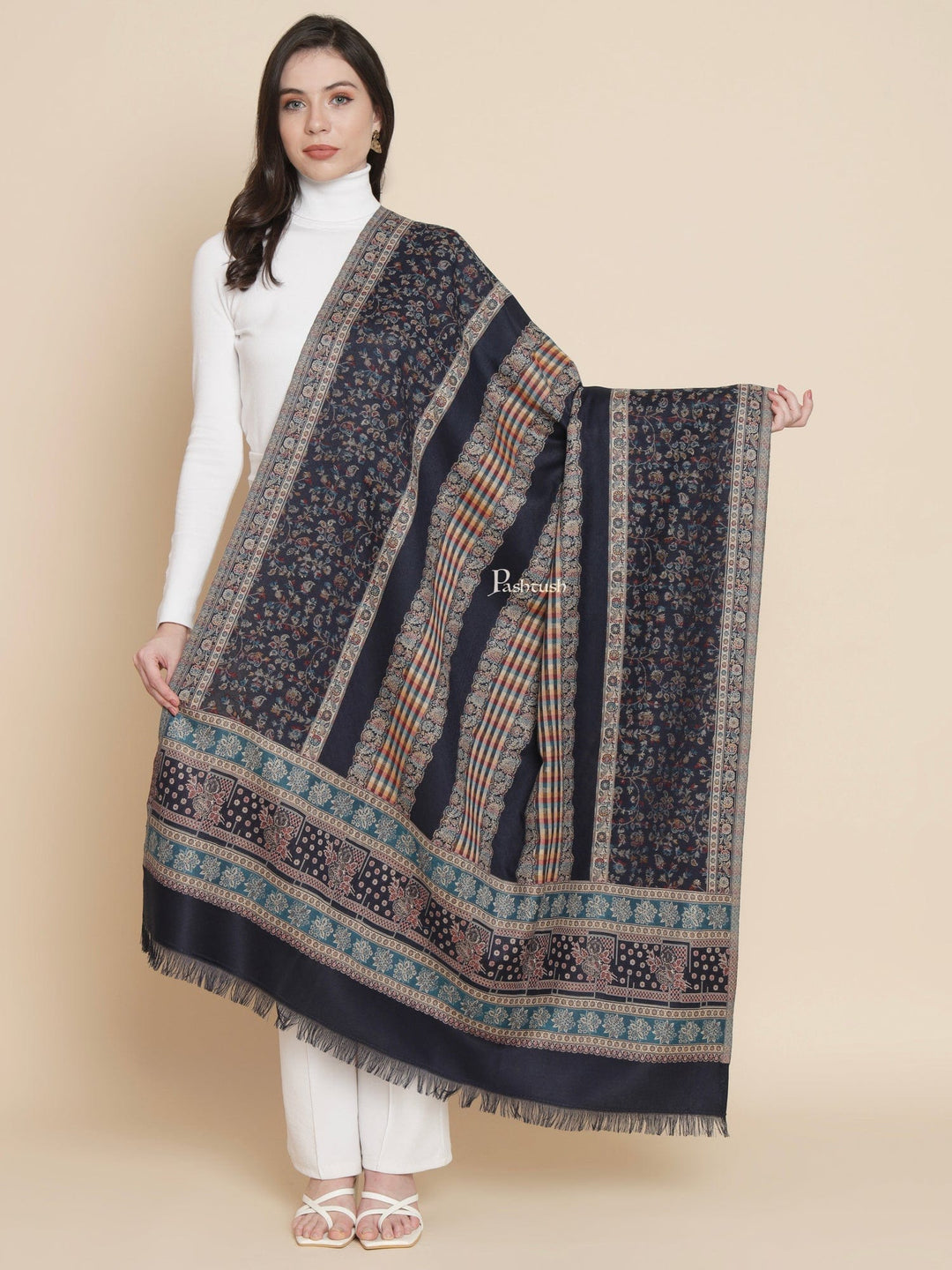 Pashtush India Womens Shawls Pashtush Womens Womens, Faux Pashmina, Striped Jaal Woven, Blue