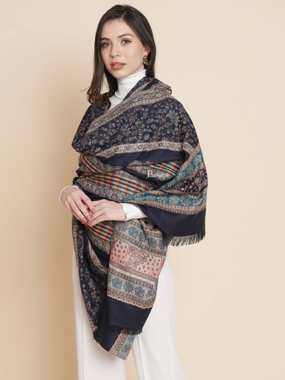 Pashtush India Womens Shawls Pashtush Womens Womens, Faux Pashmina, Striped Jaal Woven, Blue