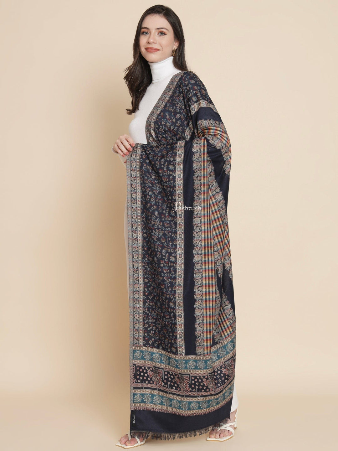 Pashtush India Womens Shawls Pashtush Womens Womens, Faux Pashmina, Striped Jaal Woven, Blue