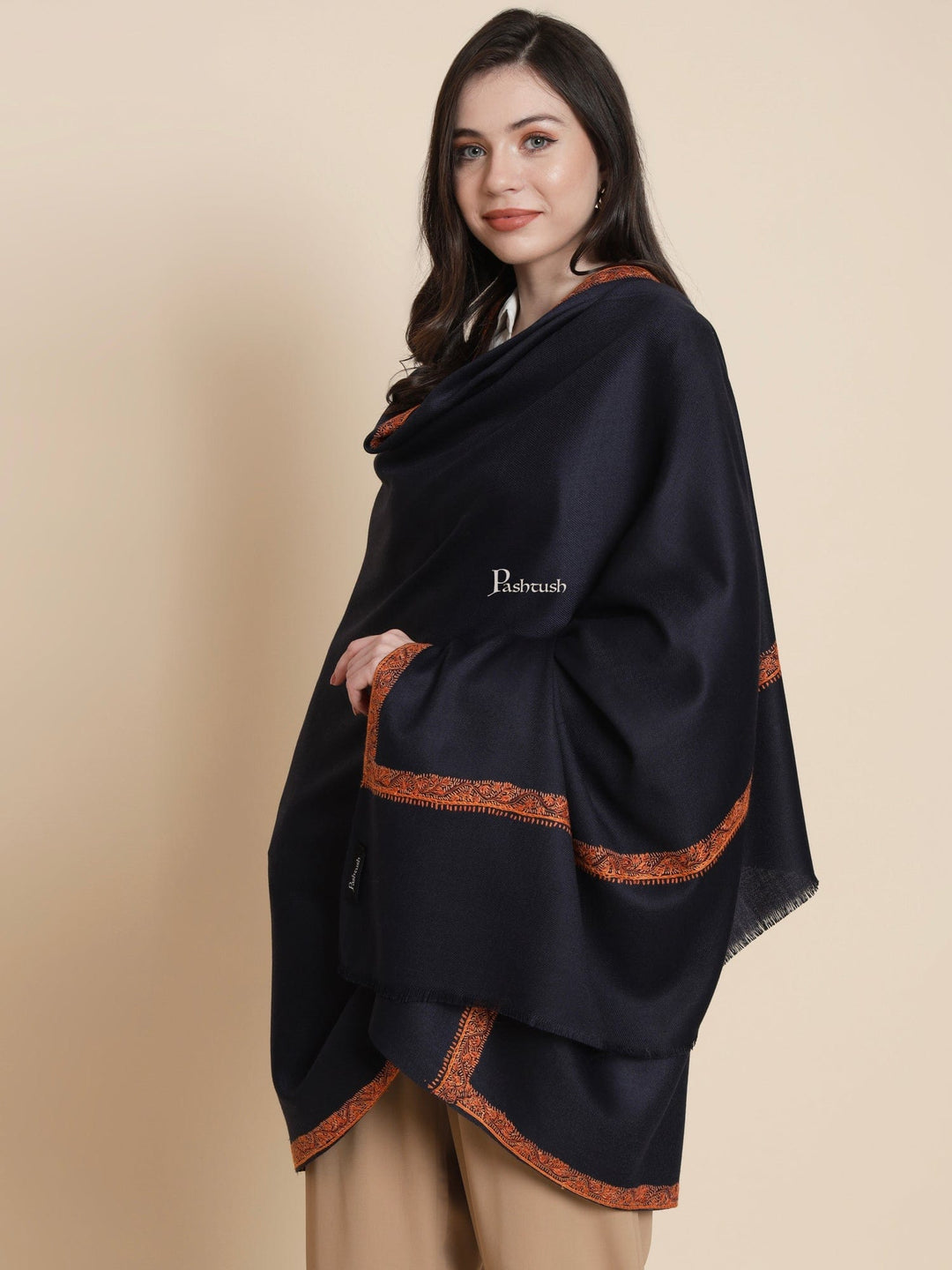 Pashtush India Womens Shawls Pashtush Womens Womens, Fine Wool, Bel-Dar Kashmiri Haashia Hand Embroidery, Blue