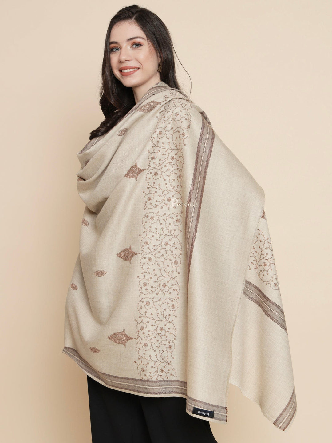 Pashtush India Womens Shawls Pashtush Womens Womens, Fine Wool, Bootey Kashmiri Embroidery, Beige