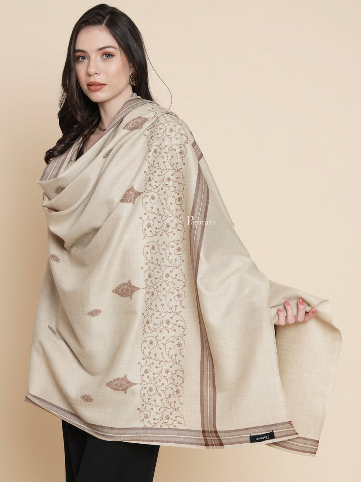 Pashtush India Womens Shawls Pashtush Womens Womens, Fine Wool, Bootey Kashmiri Embroidery, Beige