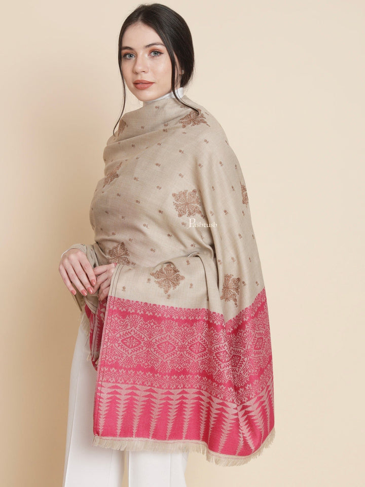 Pashtush India Womens Shawls Pashtush Womens Womens, Fine Wool, Bootey Kashmiri Embroidery, Beige