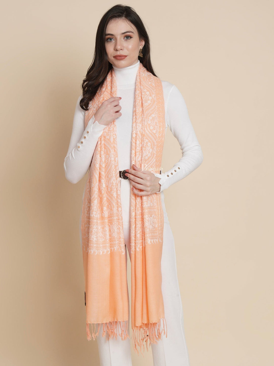 Pashtush India Womens Stoles and Scarves Scarf Pashtush Womens Womens, Fine Wool, Bootey Silky Nalki Embroidery, Peach