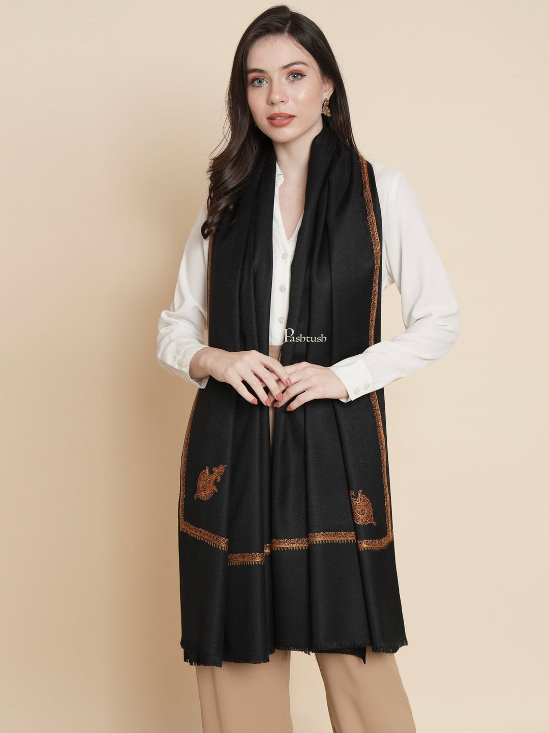 Pashtush India Womens Shawls Pashtush Womens Womens, Fine Wool, Floral Kashmiri Kingri Hand Embroidery, Black