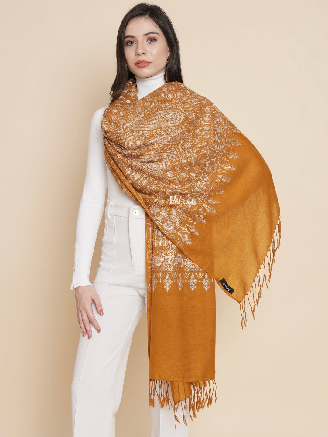Pashtush India Womens Stoles and Scarves Scarf Pashtush Womens Womens, Fine Wool, Paisley Silky Nalki Embroidery, Mustard
