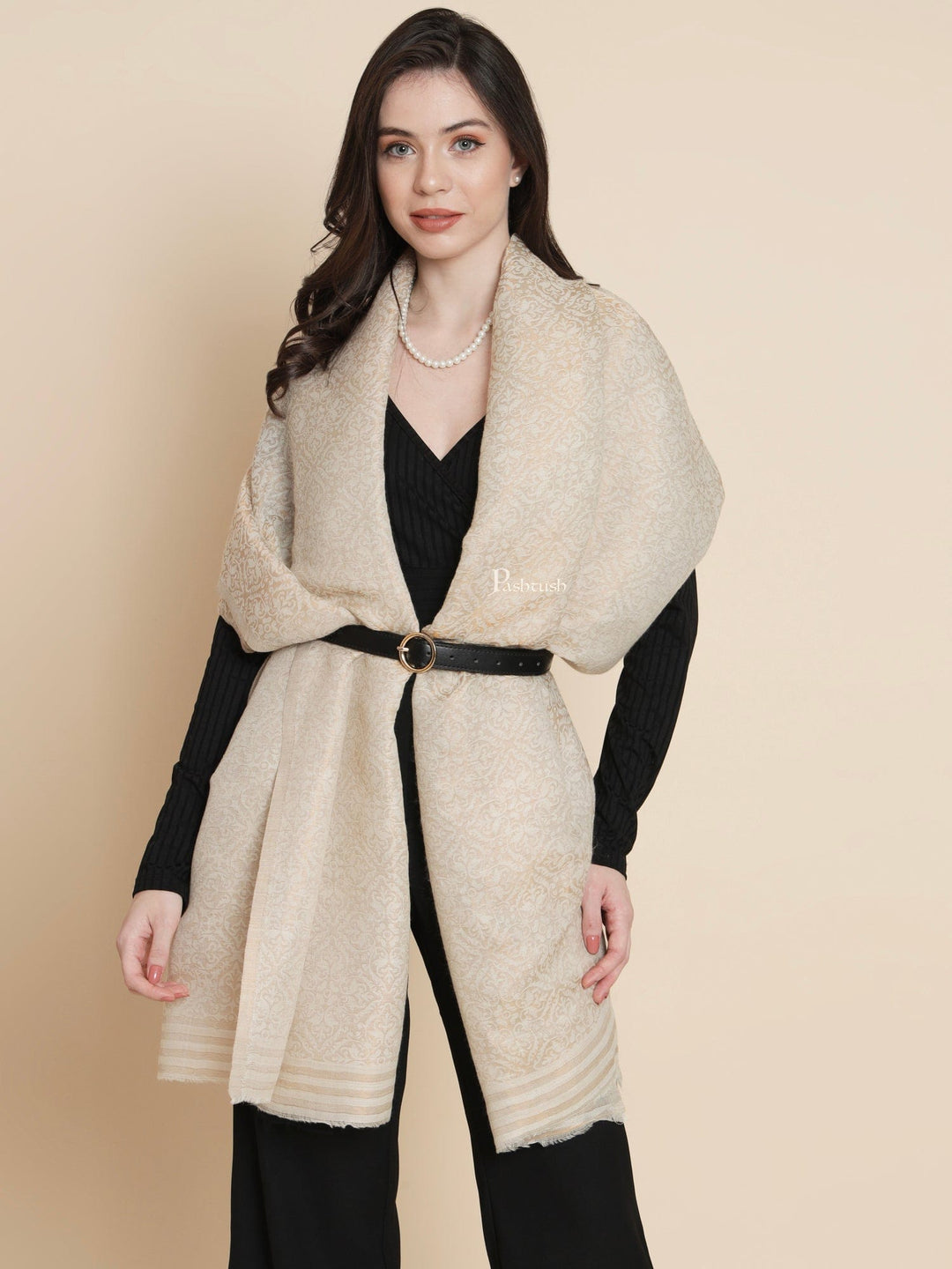 Pashtush India Womens Shawls Pashtush Womens Womens, Wool Extra Fine Count , Geometric Twilight Collection, Soft Metallic Thread  Woven, Ivory