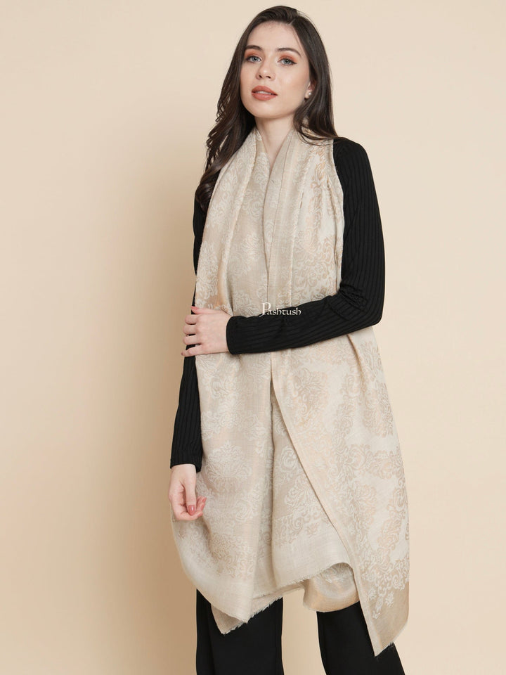 Pashtush India Womens Shawls Pashtush Womens Womens, Wool Extra Fine Count , Geometric Twilight Collection, Soft Metallic Thread  Woven, Ivory