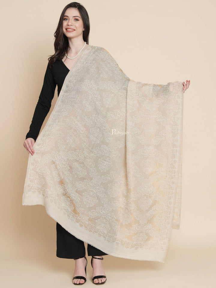 Pashtush India Womens Shawls Pashtush Womens Womens, Wool Extra Fine Count , Geometric Twilight Collection, Soft Metallic Thread  Woven, Ivory