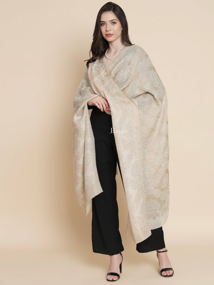 Pashtush India Womens Shawls Pashtush Womens Womens, Wool Extra Fine Count , Geometric Twilight Collection, Soft Metallic Thread  Woven, Ivory