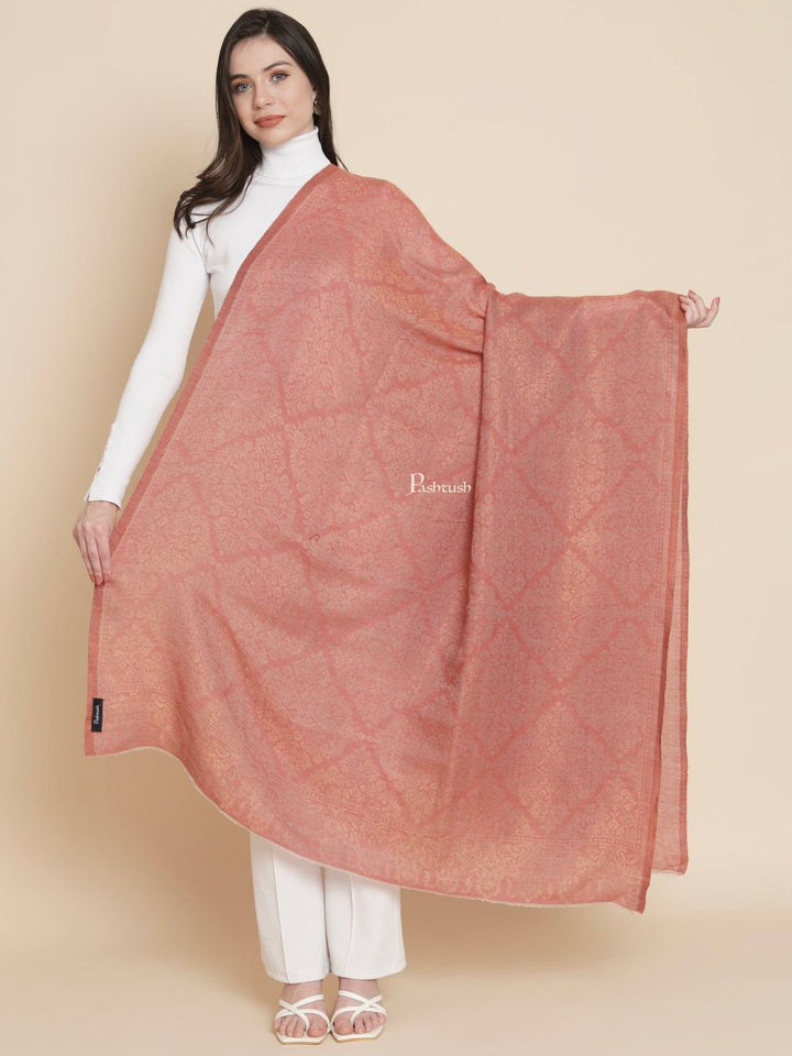 Pashtush India Womens Shawls Pashtush Womens Womens, Wool Extra Fine Count , Geometric Twilight Collection, Soft Metallic Thread Woven, Rose