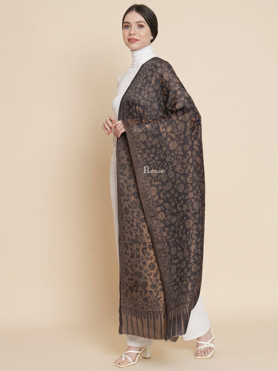 Pashtush India Womens Shawls Pashtush Womens Womens, Wool Extra Fine Count , Paisley Twilight Collection, Soft Metallic Thread  Woven, Navy Blue