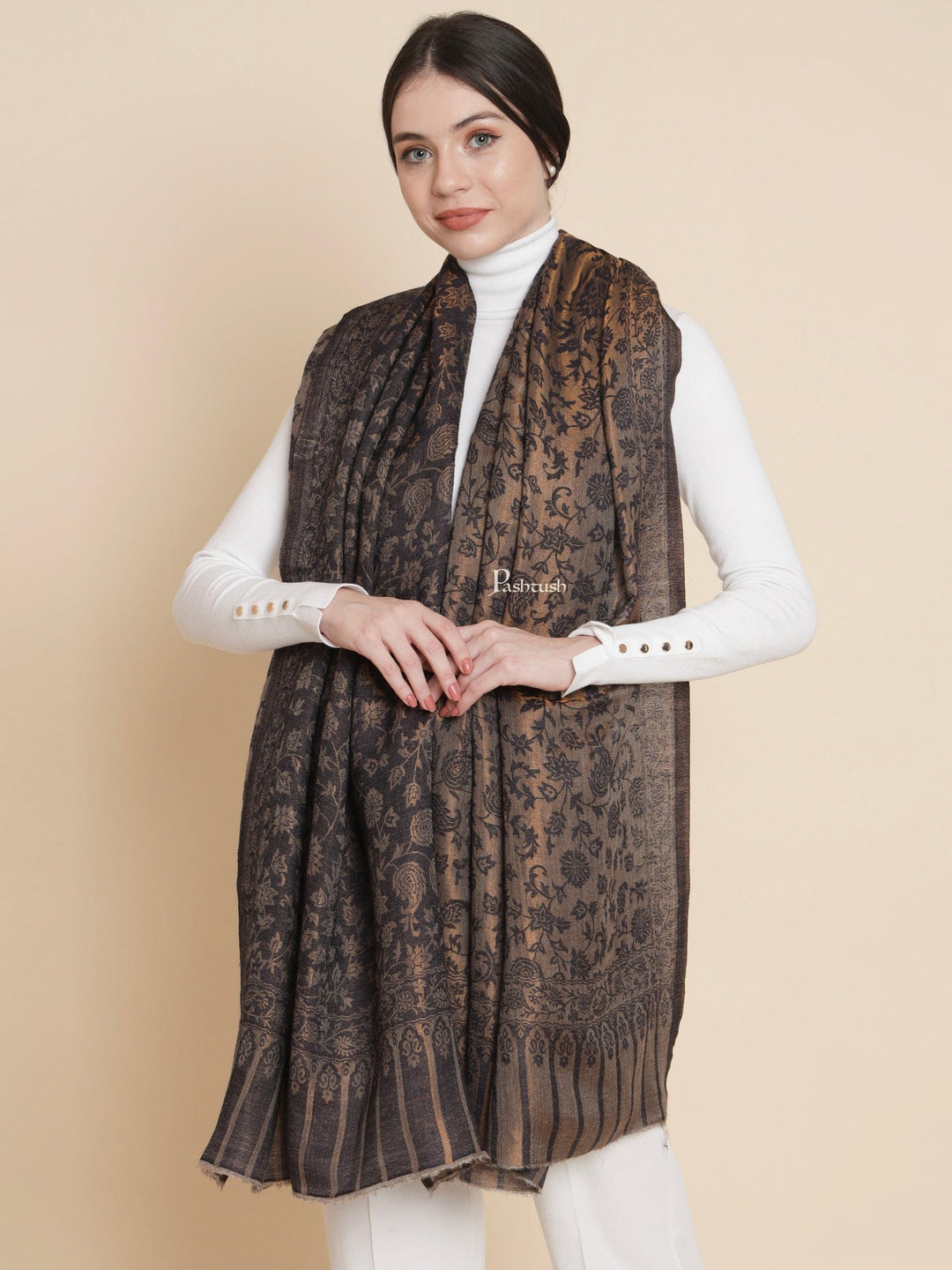 Pashtush India Womens Shawls Pashtush Womens Womens, Wool Extra Fine Count , Paisley Twilight Collection, Soft Metallic Thread  Woven, Navy Blue