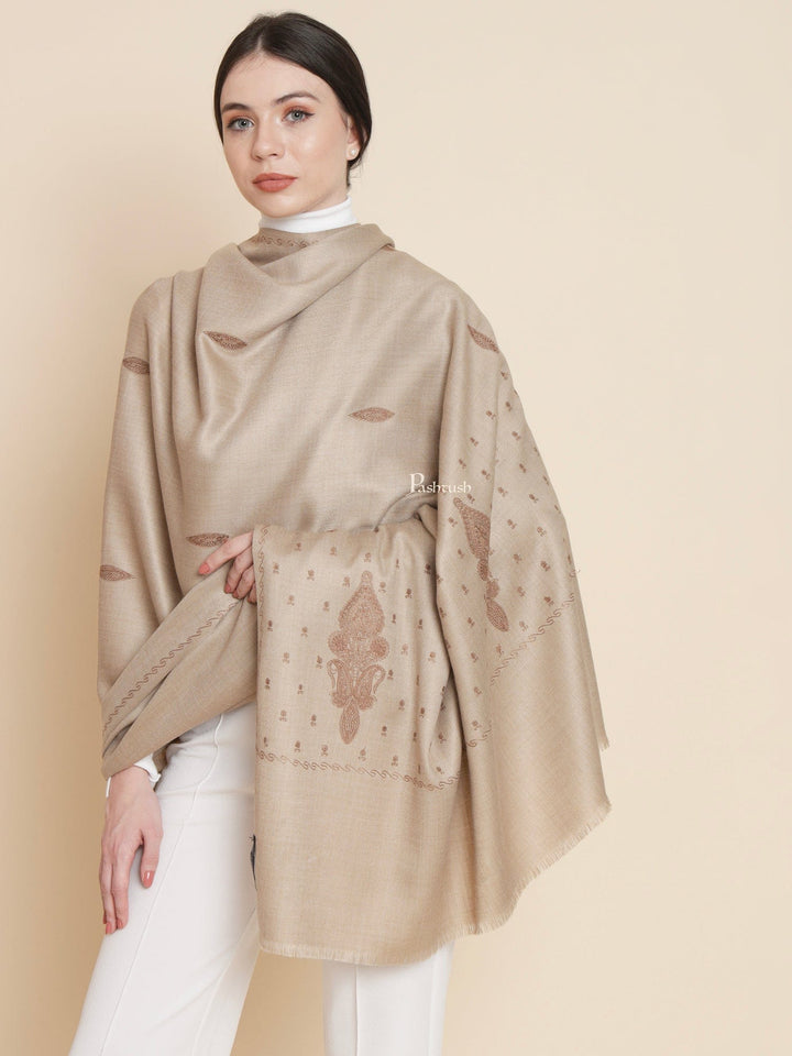 Pashtush India Womens Shawls Pashtush Womens Womens, Woollen, Ethnic Motif Bootey Embroidery, Beige
